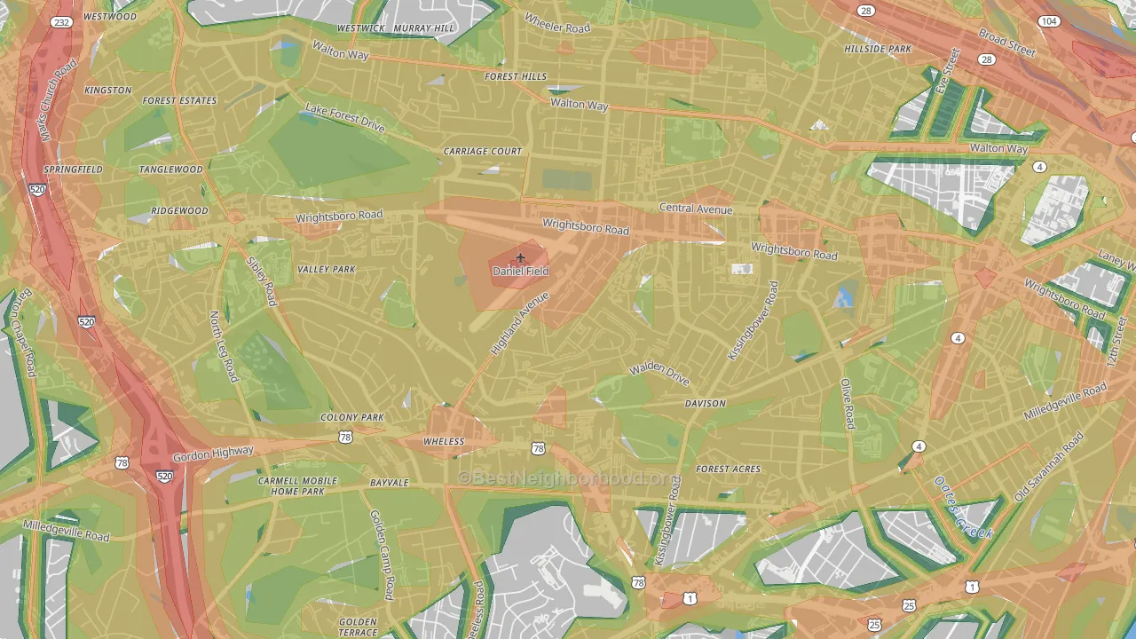Highland Park, Augusta, GA Map of Noise Levels in Highland Park