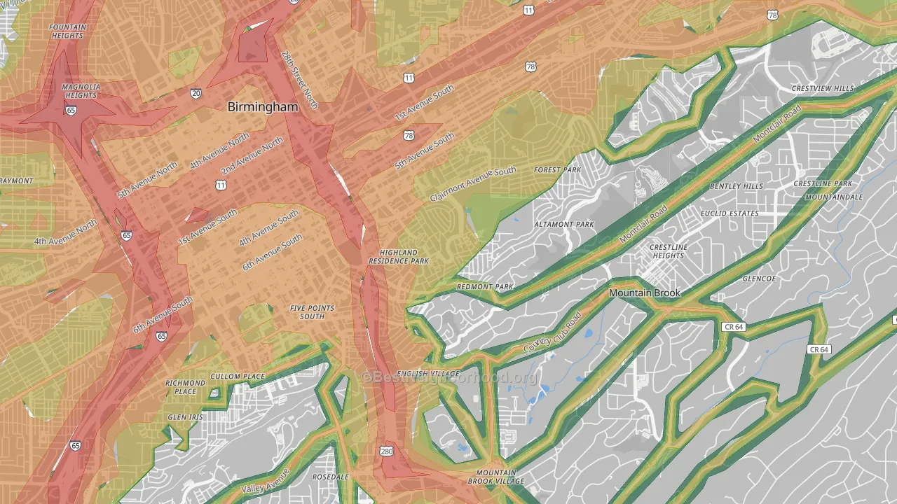 Highland Park, Birmingham, AL Map of Noise Levels in Highland Park