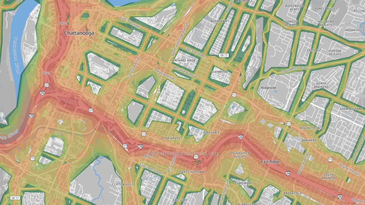 Highland Park, Chattanooga, TN Map of Noise Levels in Highland Park