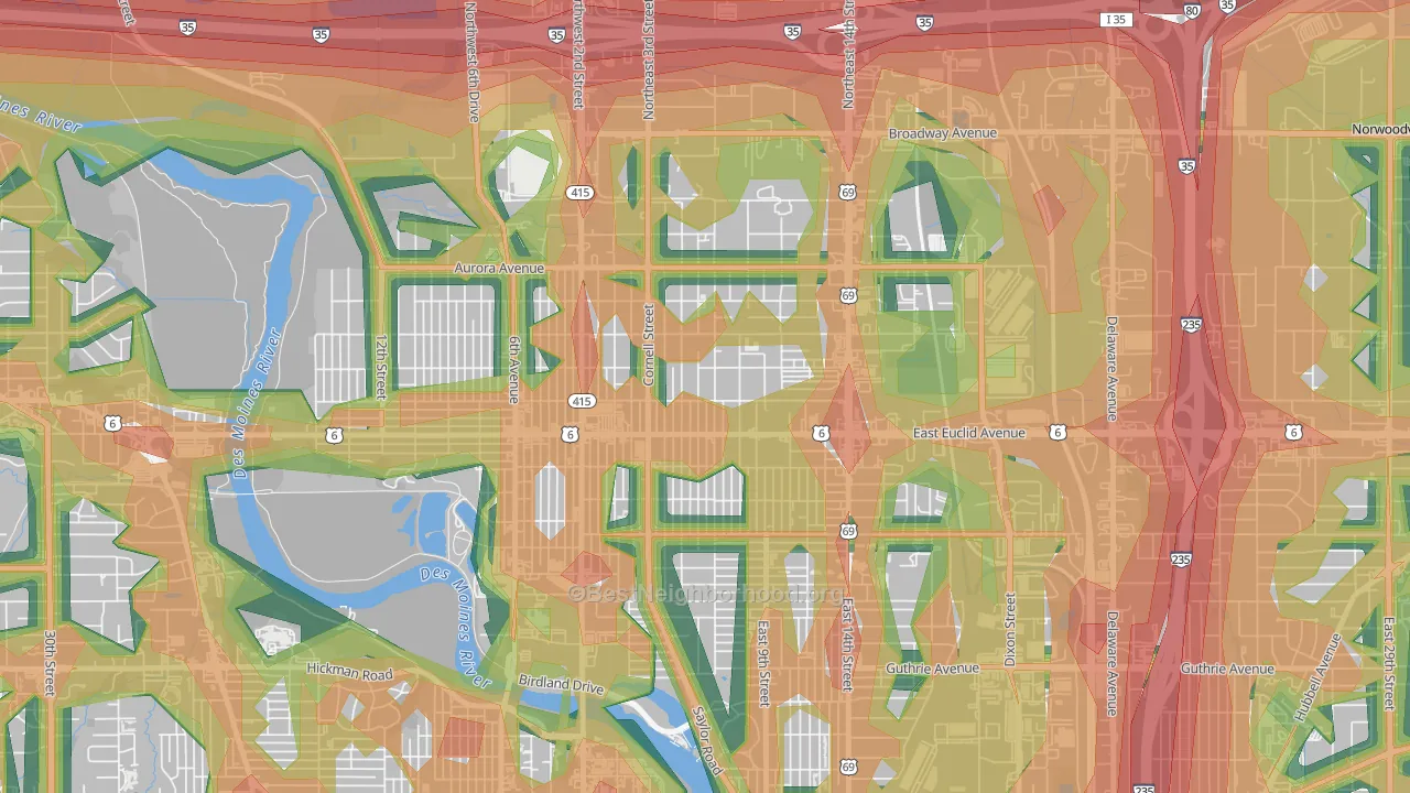 Highland Park, Des Moines, IA Map of Noise Levels in Highland Park