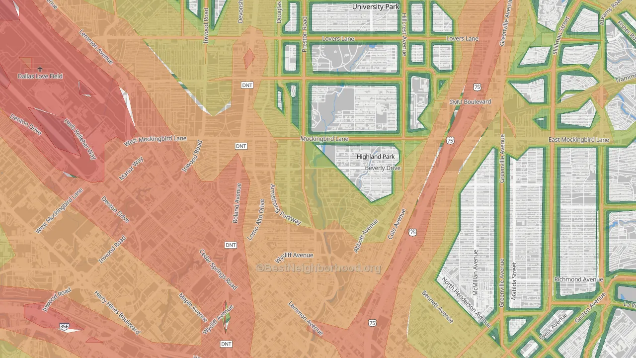 Highland Park, TX Map of Noise Levels in Highland Park