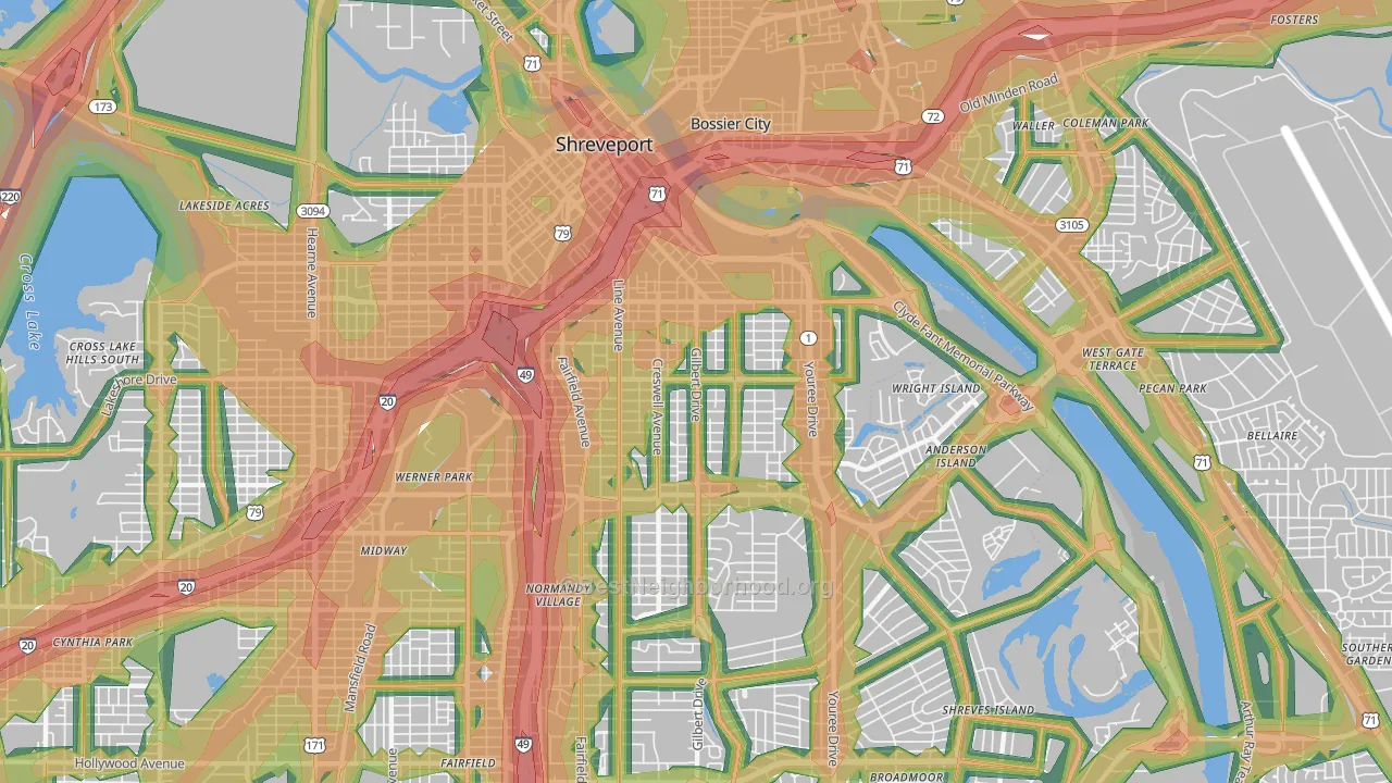 Highland-Stoner Hill, Shreveport, LA Map of Noise Levels in Highland-Stoner Hill