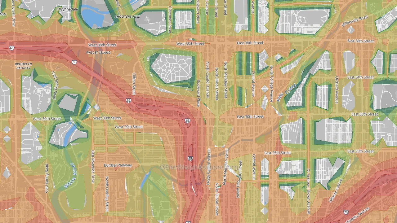 Highland Vicinity, Indianapolis, IN Map of Noise Levels in Highland Vicinity