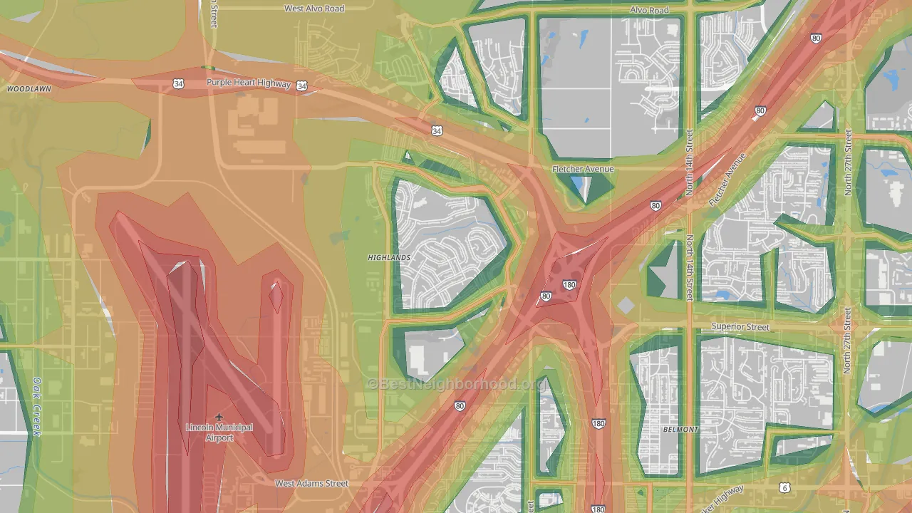 Highlands, Lincoln, NE Map of Noise Levels in Highlands