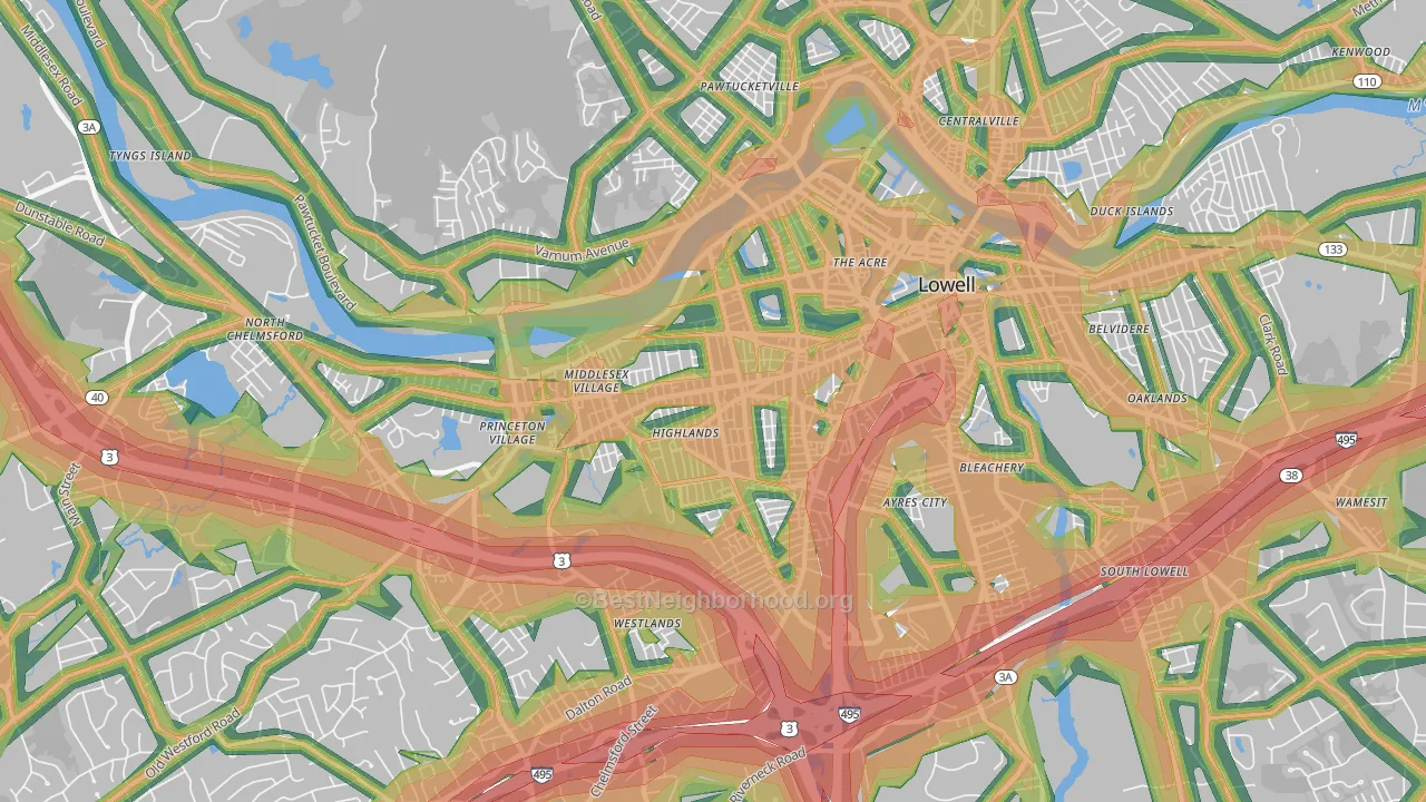 Highlands, Lowell, MA Map of Noise Levels in Highlands