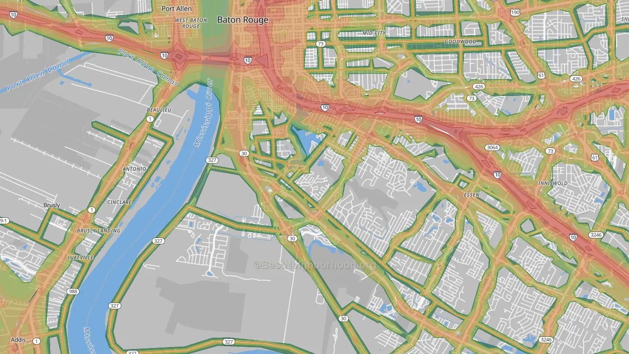 Highlands-Perkins, Baton Rouge, LA Map of Noise Levels in Highlands-Perkins
