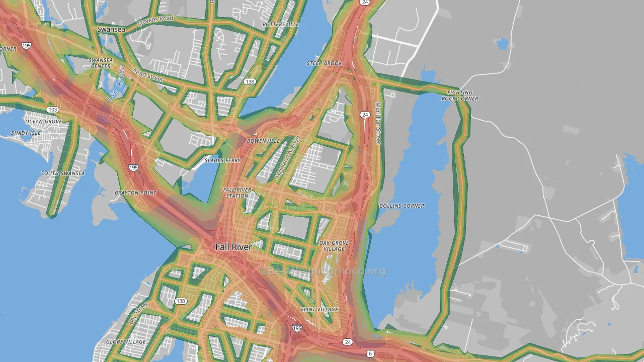 Highlands-Providence, Fall River, MA Map of Noise Levels in Highlands-Providence