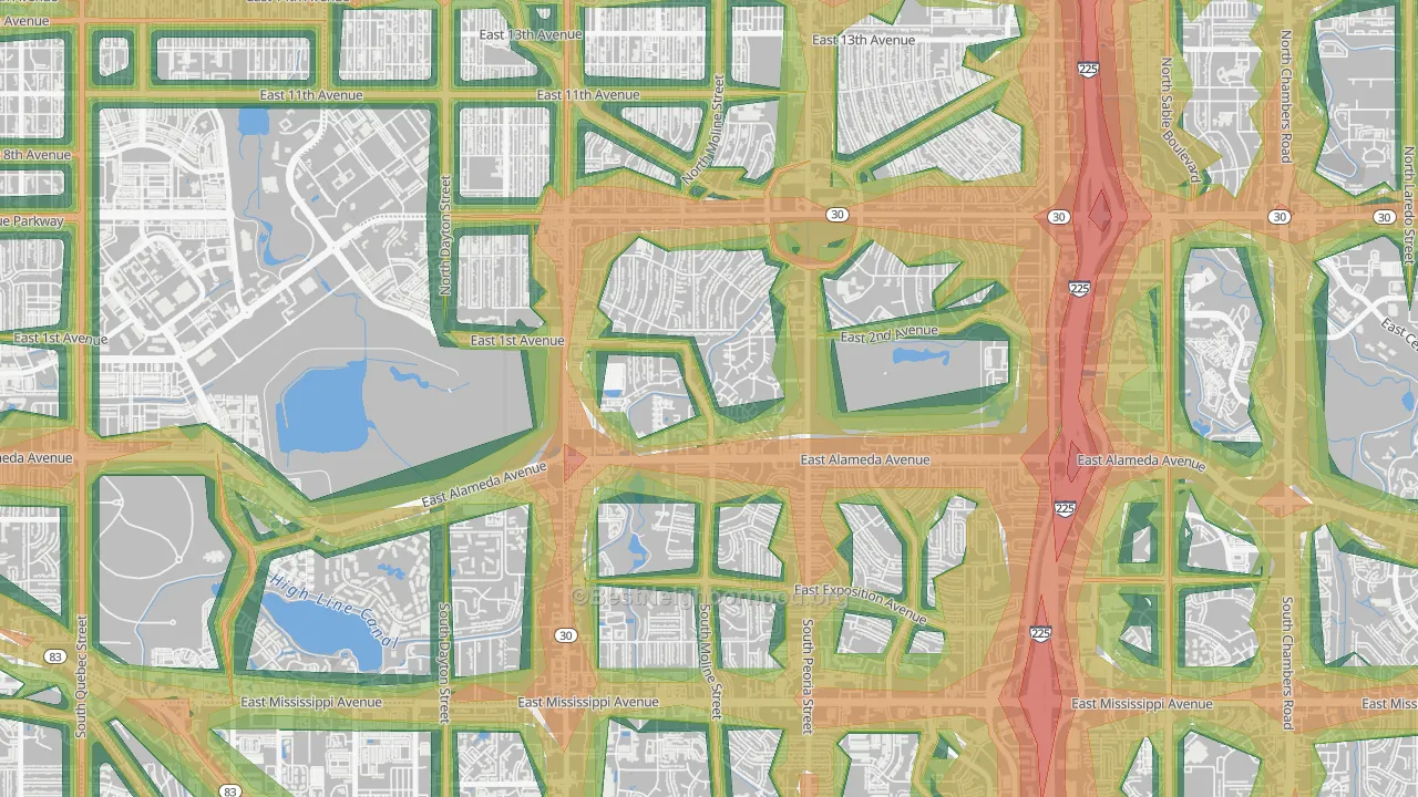 Highline Villages, Aurora, CO Map of Noise Levels in Highline Villages
