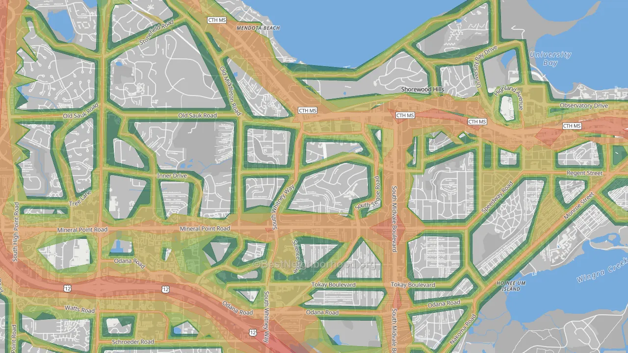 Hill Farms-University Neighborh, Madison, WI Map of Noise Levels in Hill Farms-University Neighborh