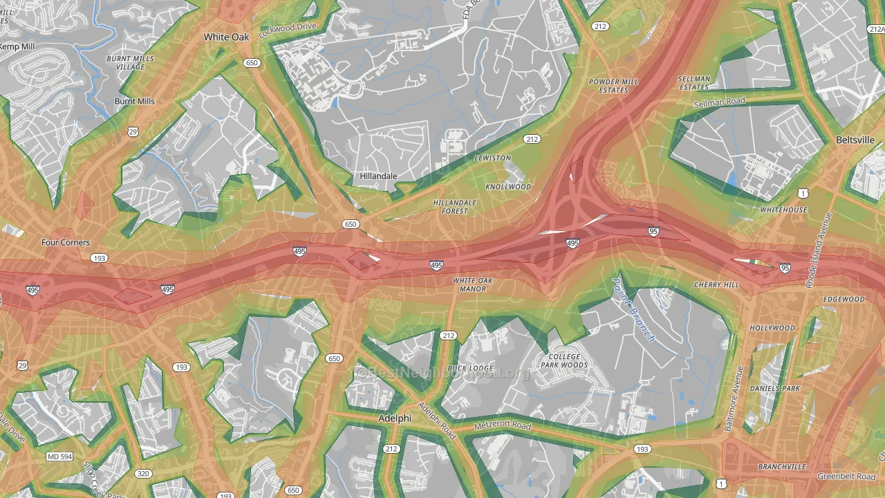 Hillandale, Silver Spring, MD Map of Noise Levels in Hillandale