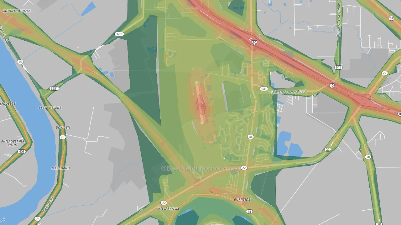 Hillaryville, LA Map of Noise Levels in Hillaryville