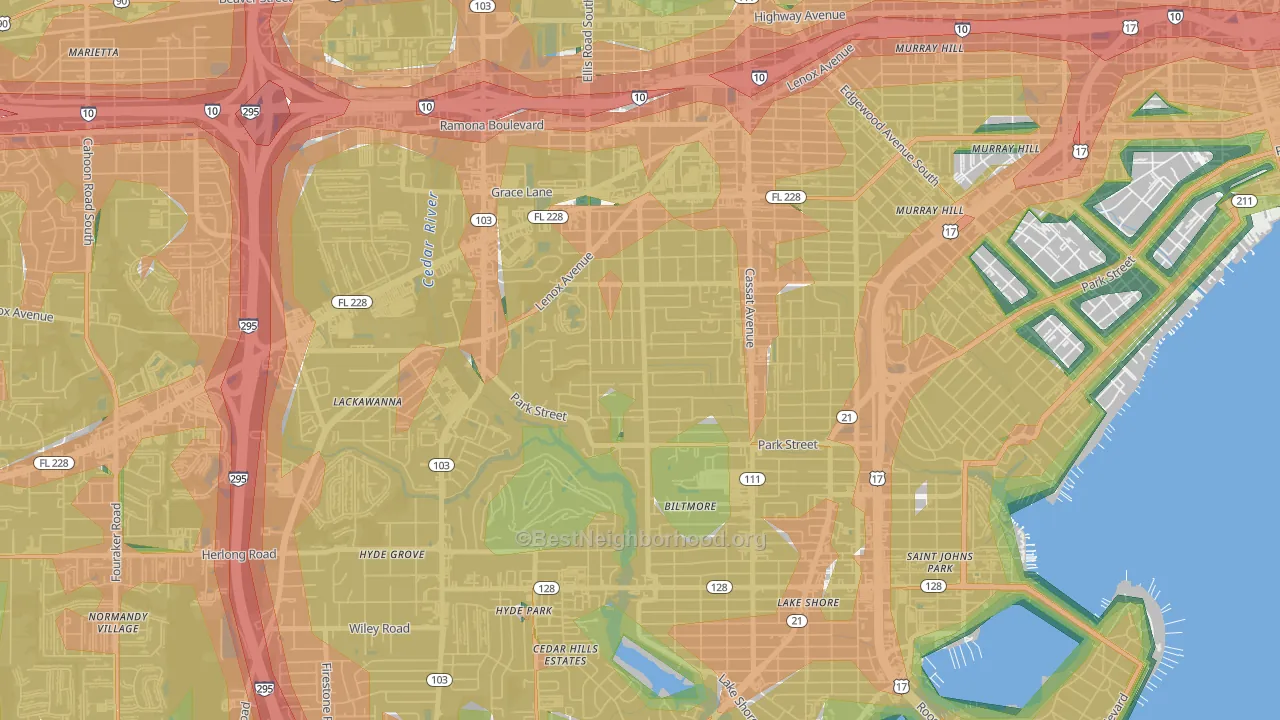Hillcrest, Jacksonville, FL Map of Noise Levels in Hillcrest