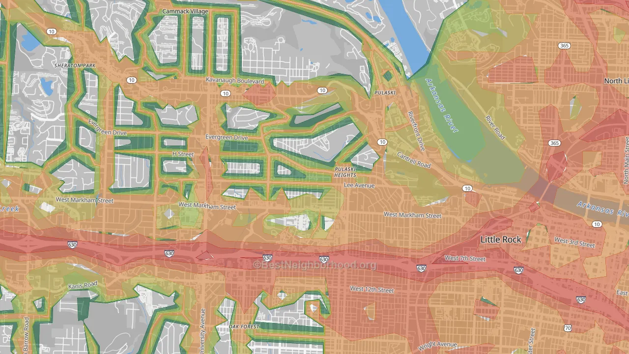 Hillcrest, Little Rock, AR Map of Noise Levels in Hillcrest