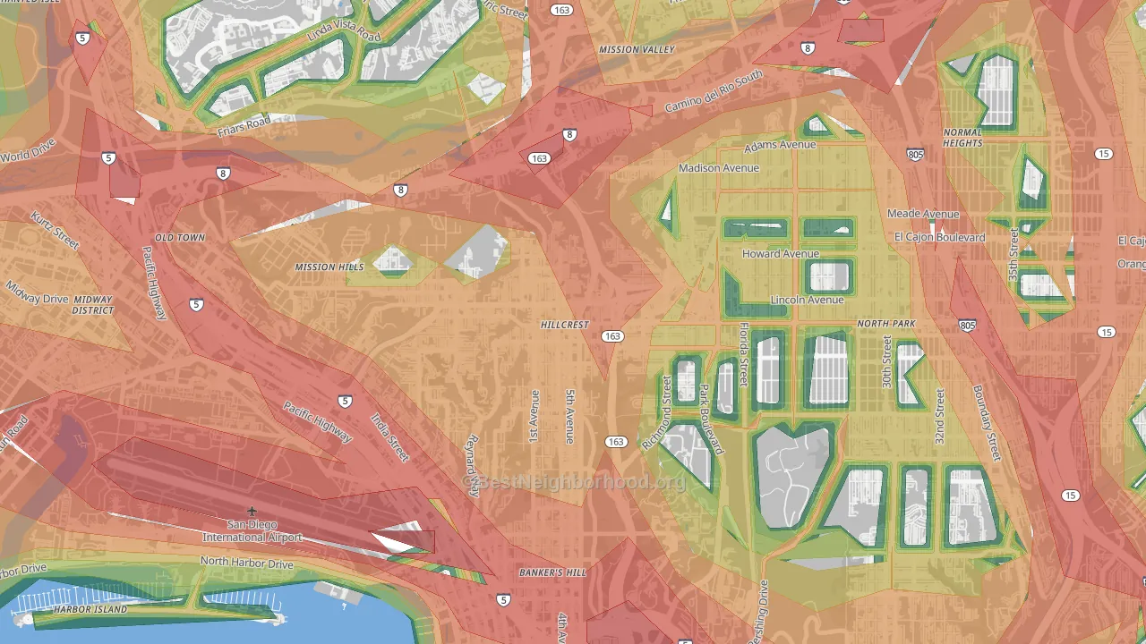 Hillcrest, San Diego, CA Map of Noise Levels in Hillcrest