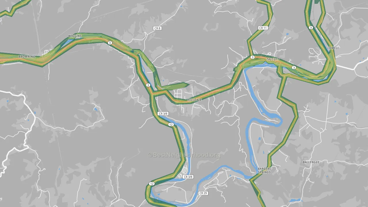Hilldale, WV Map of Noise Levels in Hilldale