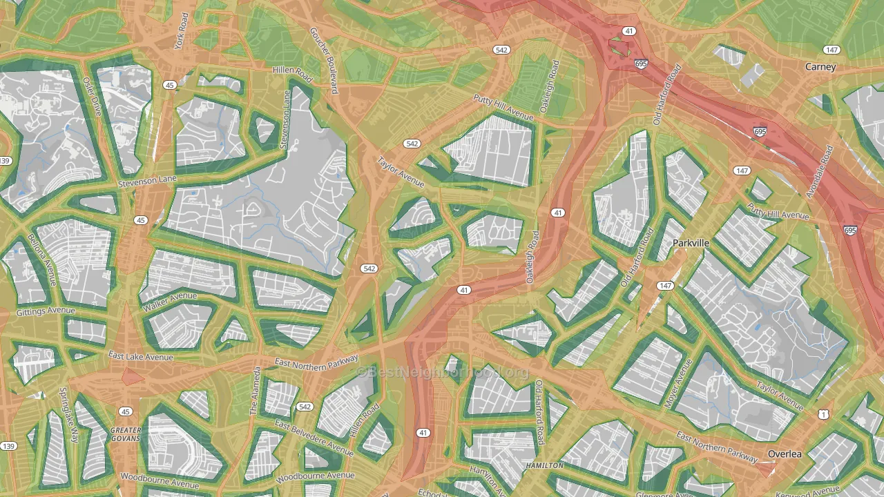Hillendale, Parkville, MD Map of Noise Levels in Hillendale