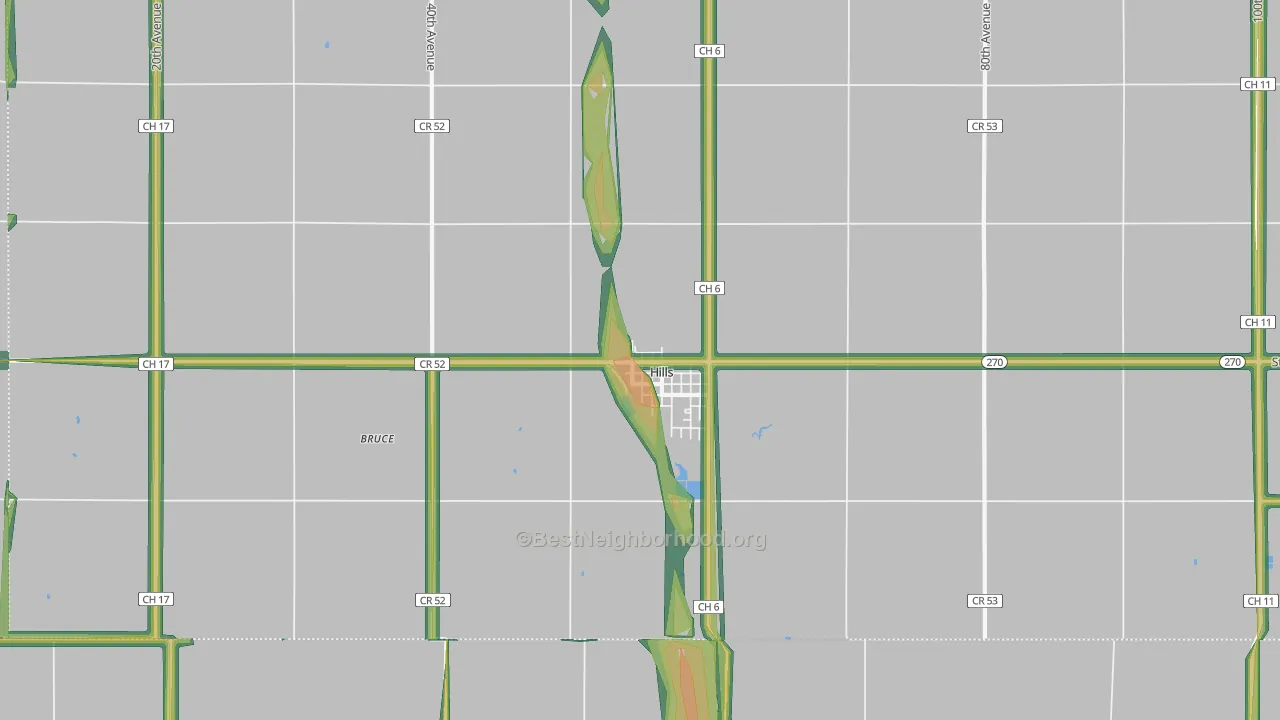 Hills, MN Map of Noise Levels in Hills