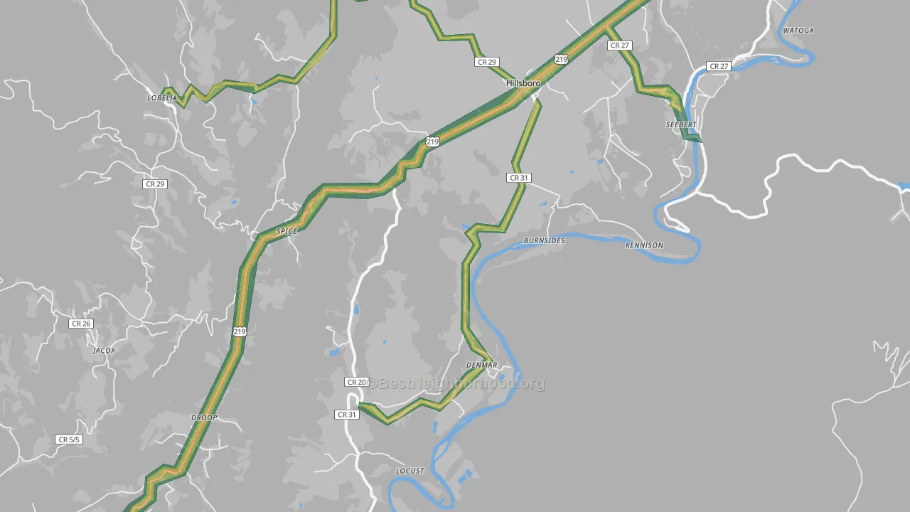 Hillsboro, WV Map of Noise Levels in Hillsboro