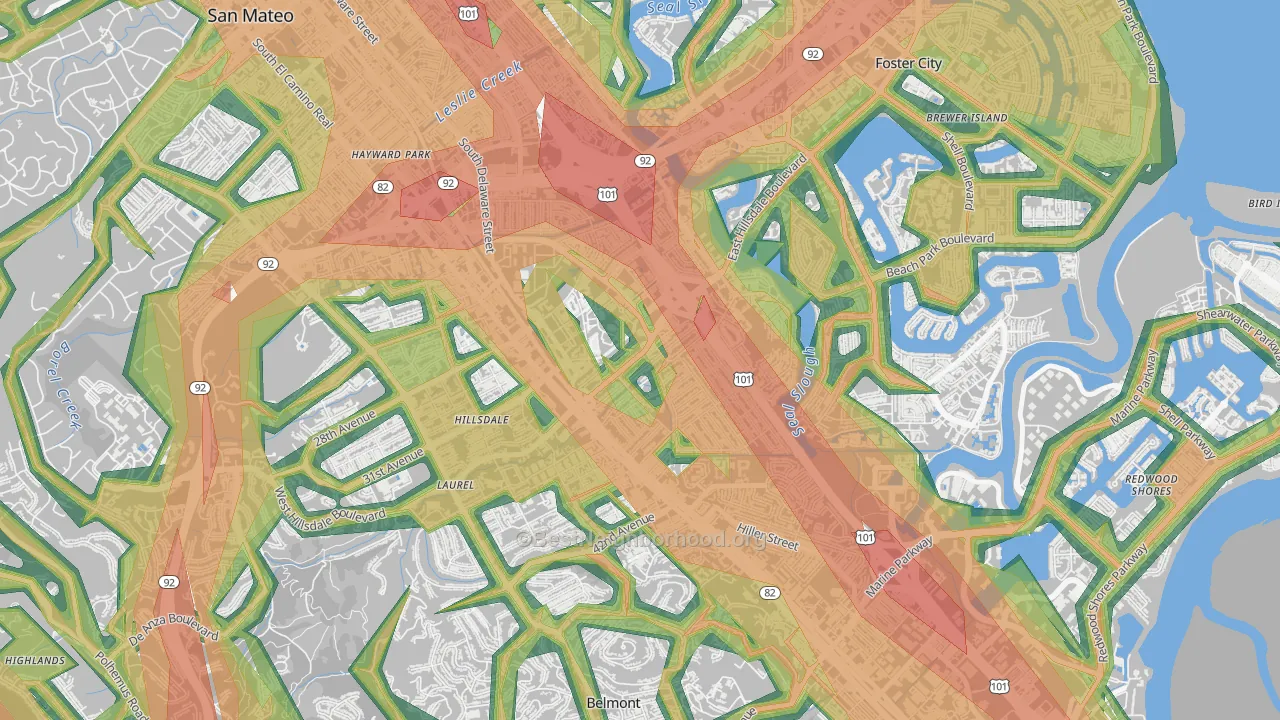 Hillsdale, San Mateo, CA Map of Noise Levels in Hillsdale