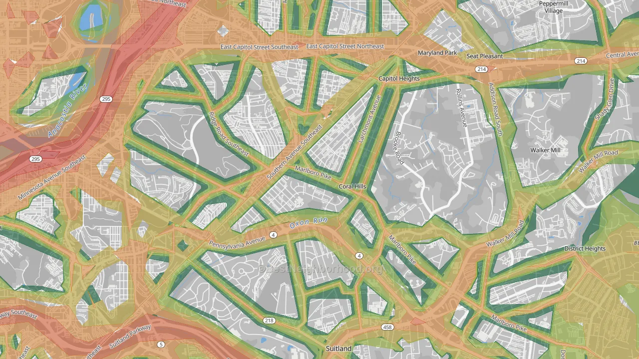 Hillside, Coral Hills, MD Map of Noise Levels in Hillside