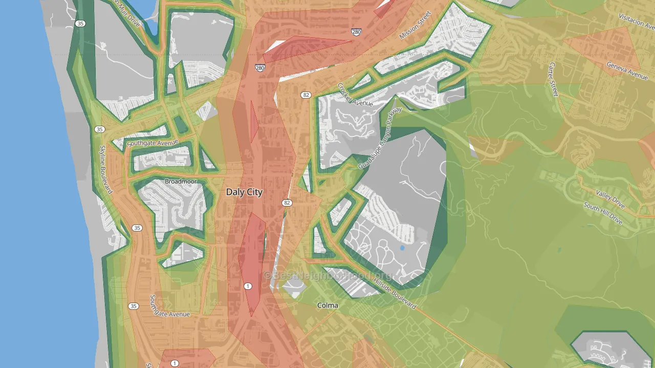 Hillside, Daly City, CA Map of Noise Levels in Hillside
