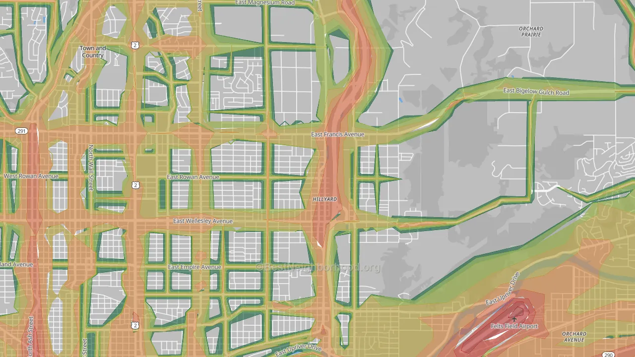 Hillyard, Spokane, WA Map of Noise Levels in Hillyard