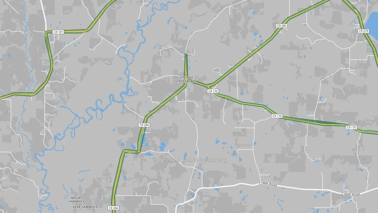 Hinsons Crossroads, FL Map of Noise Levels in Hinsons Crossroads