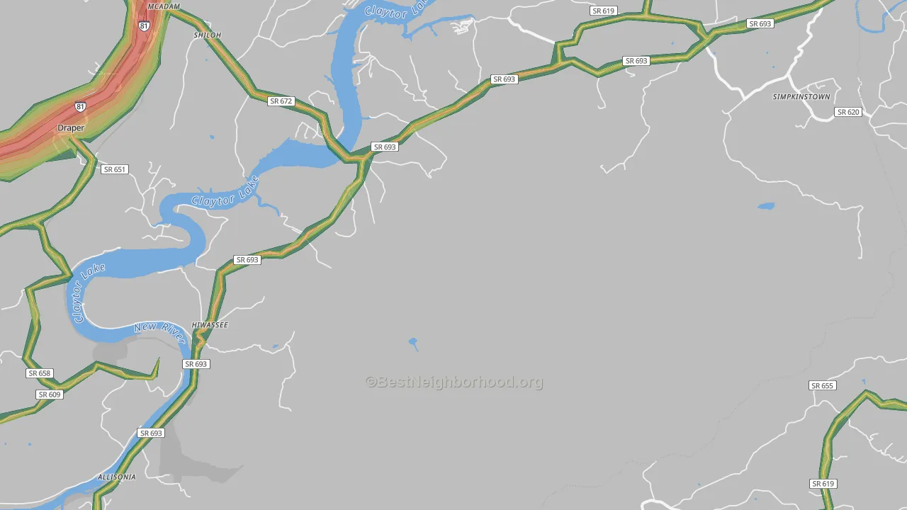 Hiwassee, VA Map of Noise Levels in Hiwassee