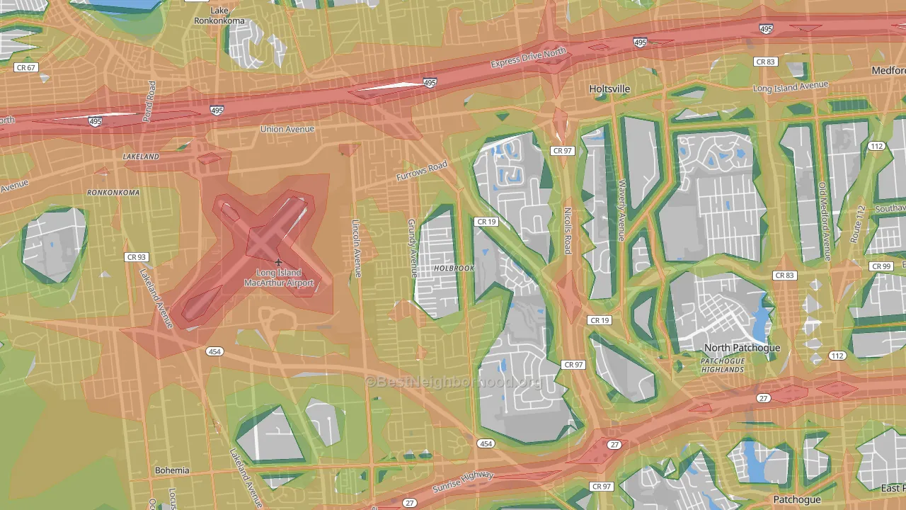Holbrook, NY Map of Noise Levels in Holbrook
