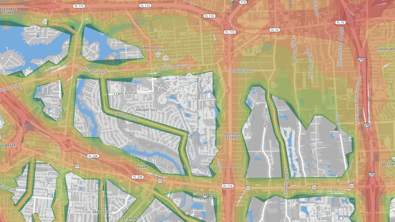 Holiday Hill, Jacksonville, FL Map of Noise Levels in Holiday Hill