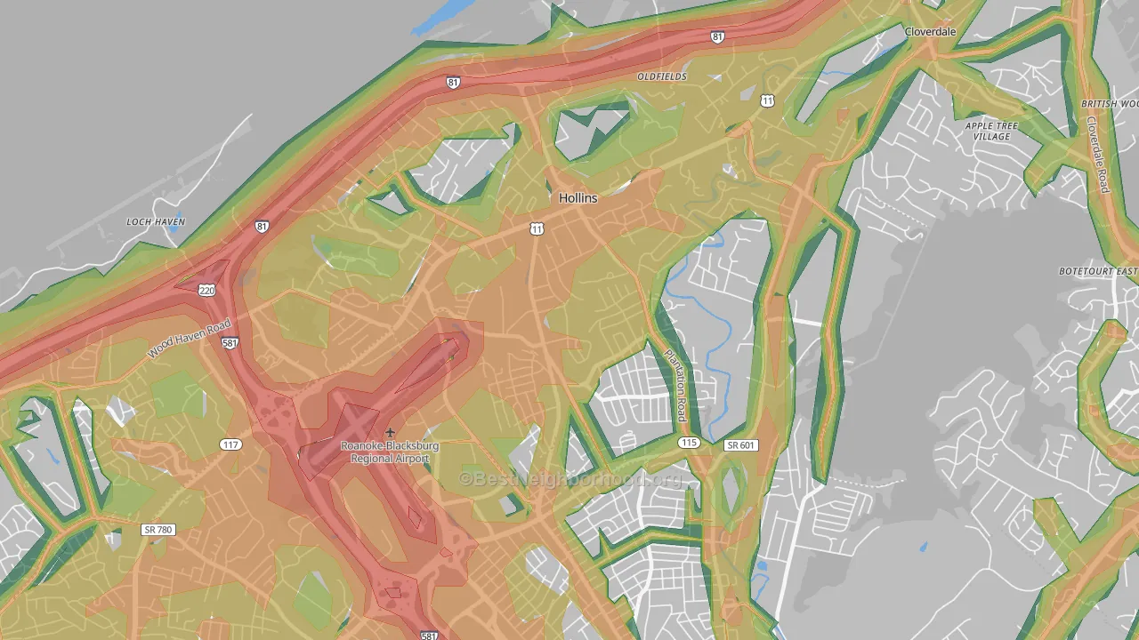 Hollins, VA Map of Noise Levels in Hollins