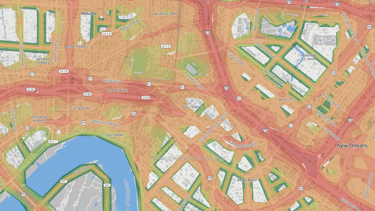 Holly Grove, New Orleans, LA Map of Noise Levels in Holly Grove