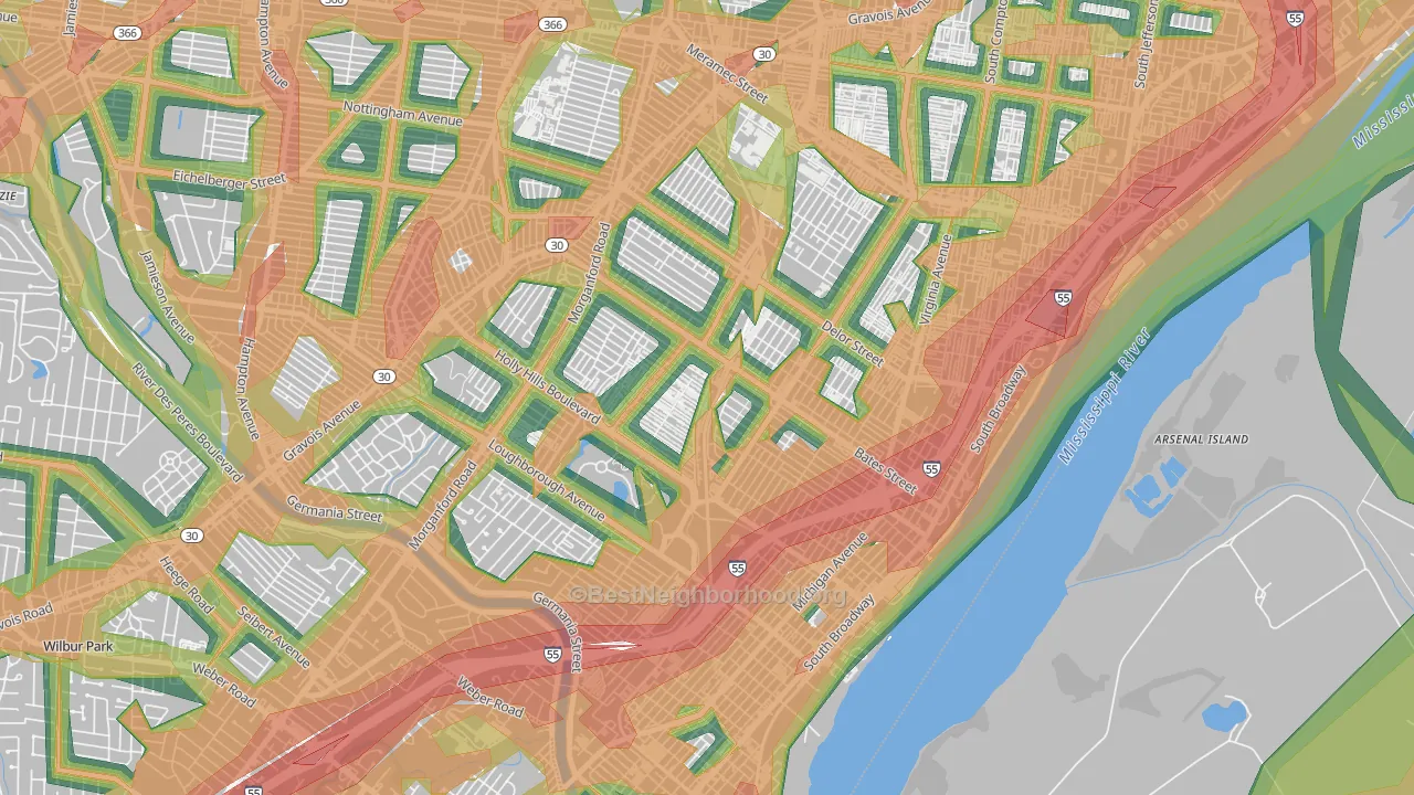 Holly Hills, St. Louis, MO Map of Noise Levels in Holly Hills