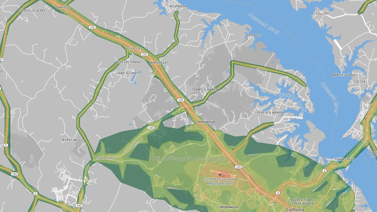Hollywood, MD Map of Noise Levels in Hollywood