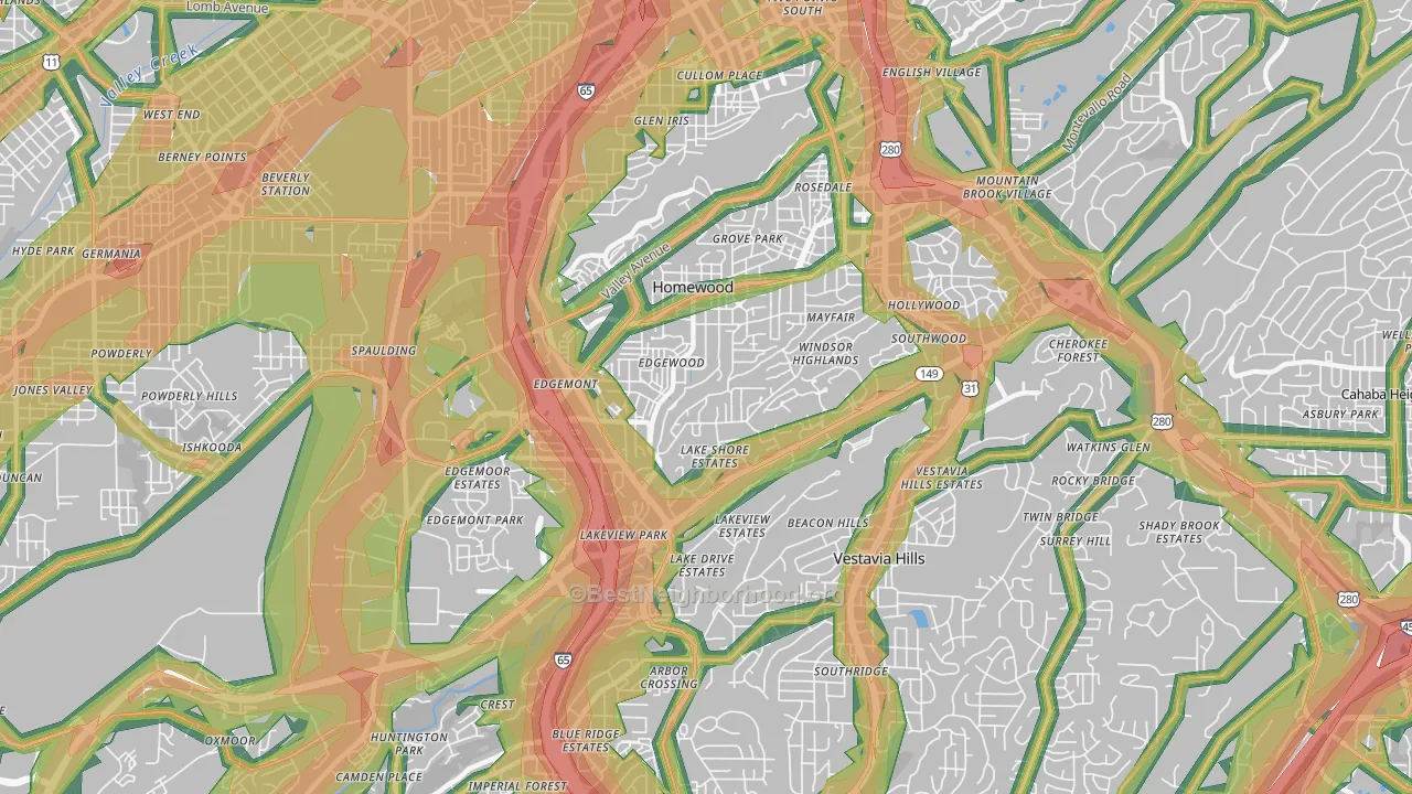 Homewood, AL Map of Noise Levels in Homewood