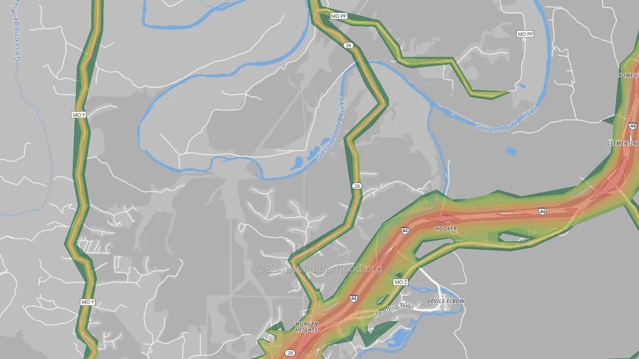 Hooker, MO Map of Noise Levels in Hooker
