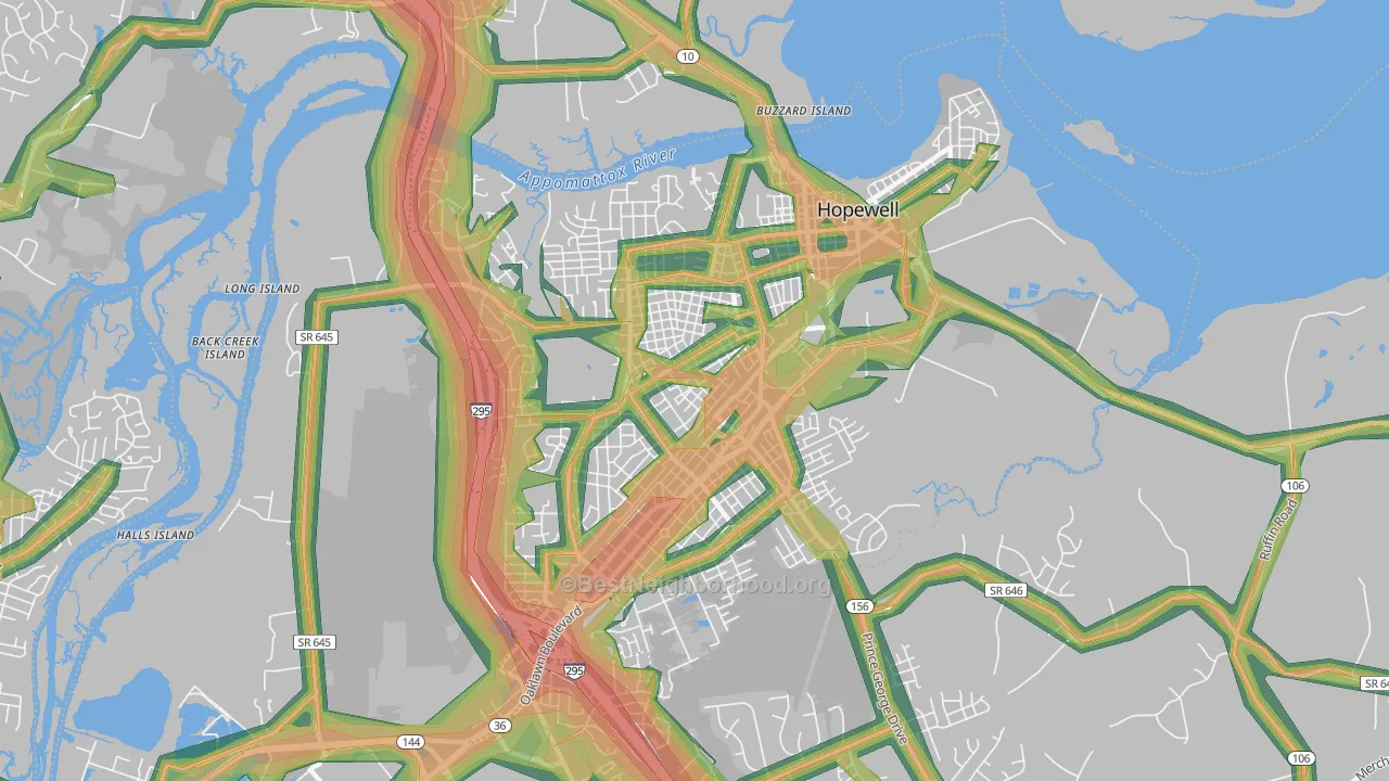 Hopewell City, VA Map of Noise Levels in Hopewell City