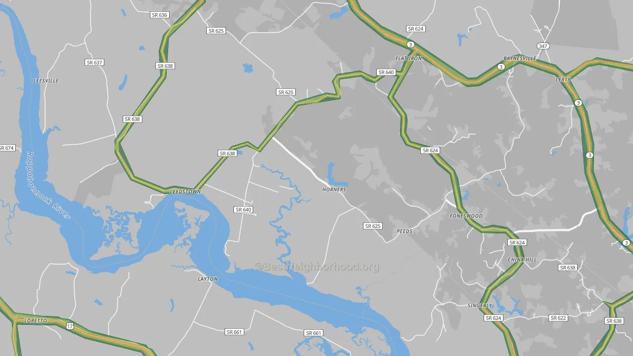 Horners, VA Map of Noise Levels in Horners
