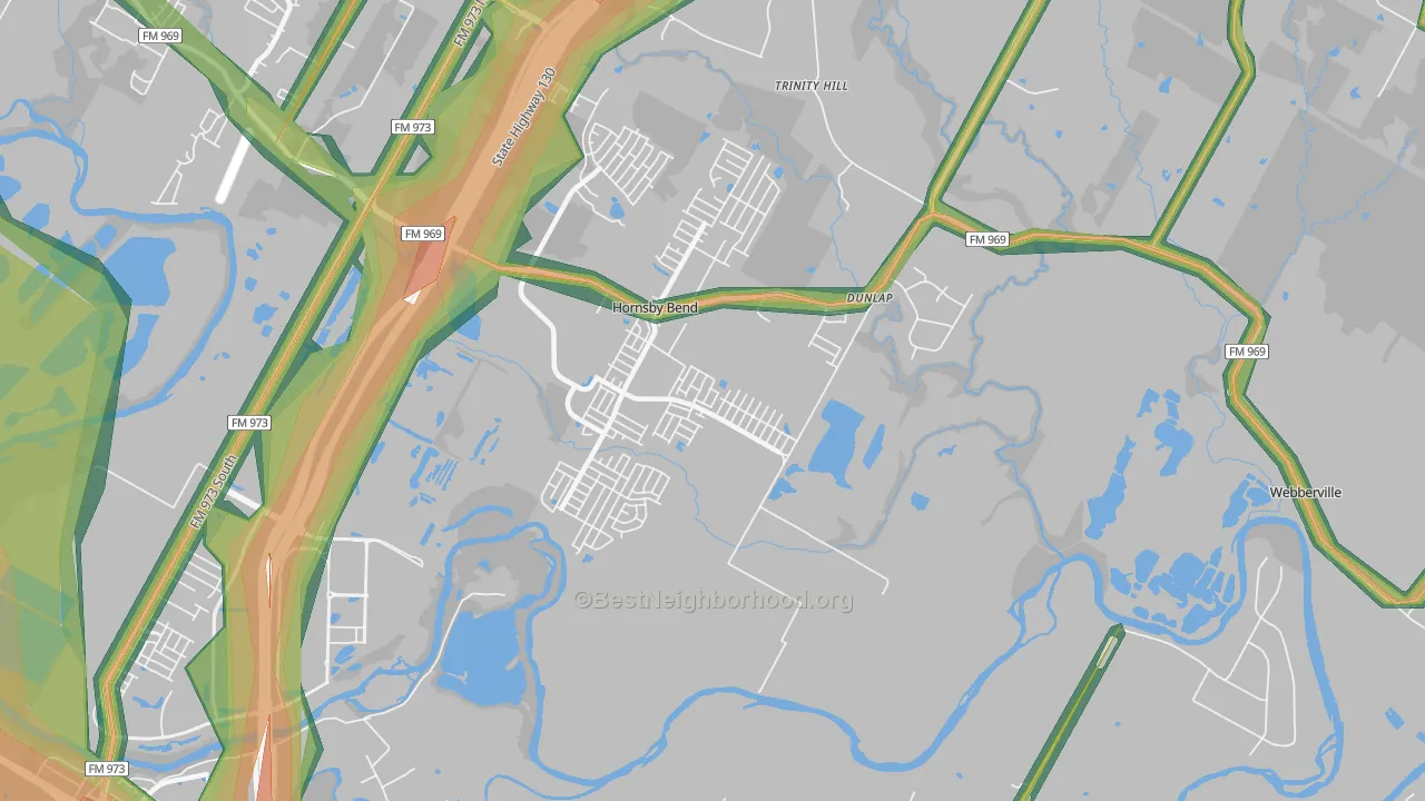 Hornsby Bend, TX Map of Noise Levels in Hornsby Bend