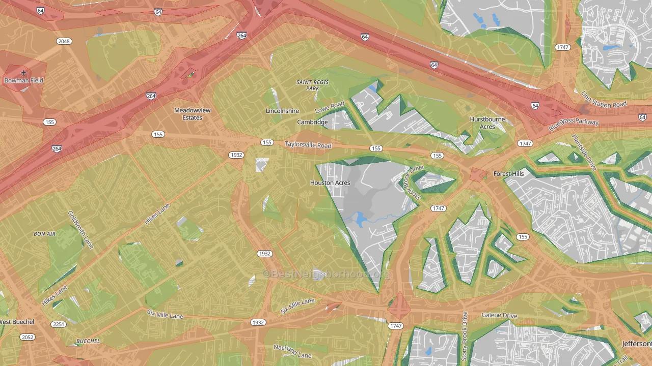 Houston Acres, KY Map of Noise Levels in Houston Acres