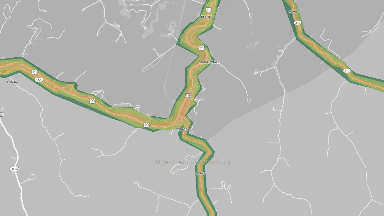 Huddy, KY Map of Noise Levels in Huddy