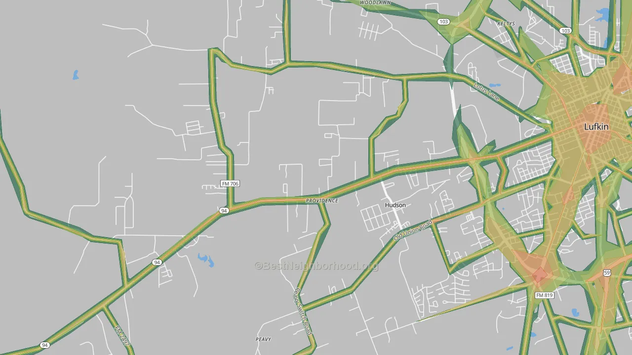 Hudson, TX Map of Noise Levels in Hudson