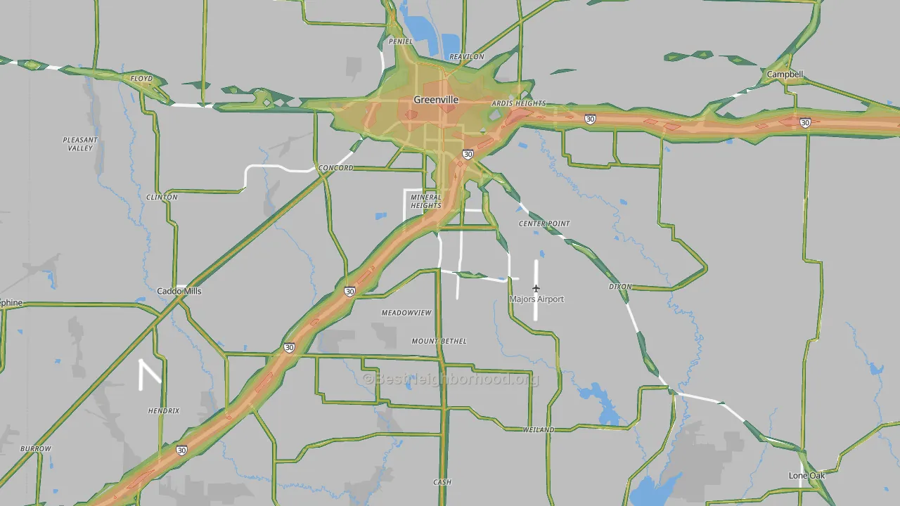 Hunt County, TX Map of Noise Levels in Hunt County