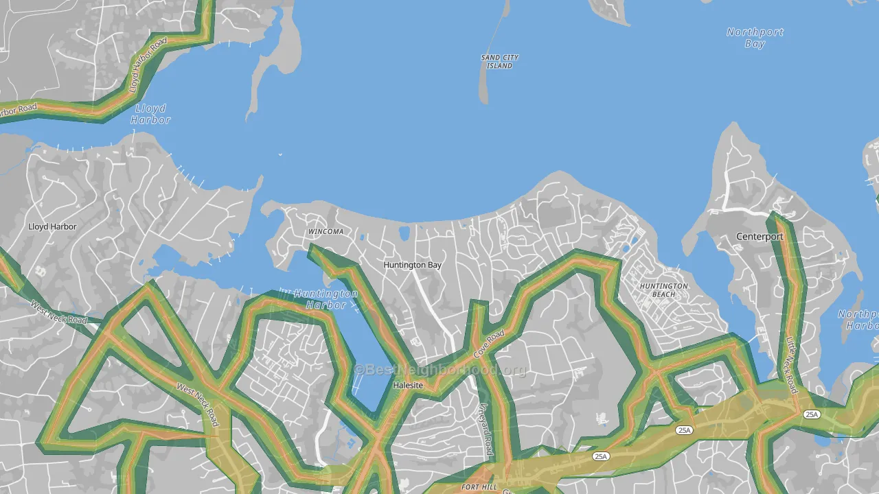 Huntington Bay, NY Map of Noise Levels in Huntington Bay