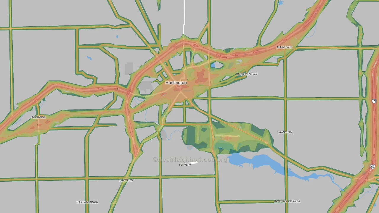 Huntington County, IN Map of Noise Levels in Huntington County