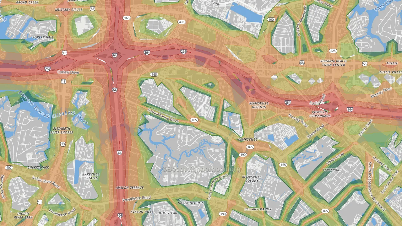 Huntington-Jefferson, Virginia Beach, VA Map of Noise Levels in Huntington-Jefferson