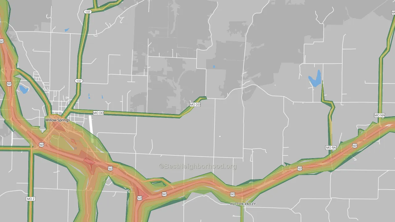 Hutton Valley, MO Map of Noise Levels in Hutton Valley