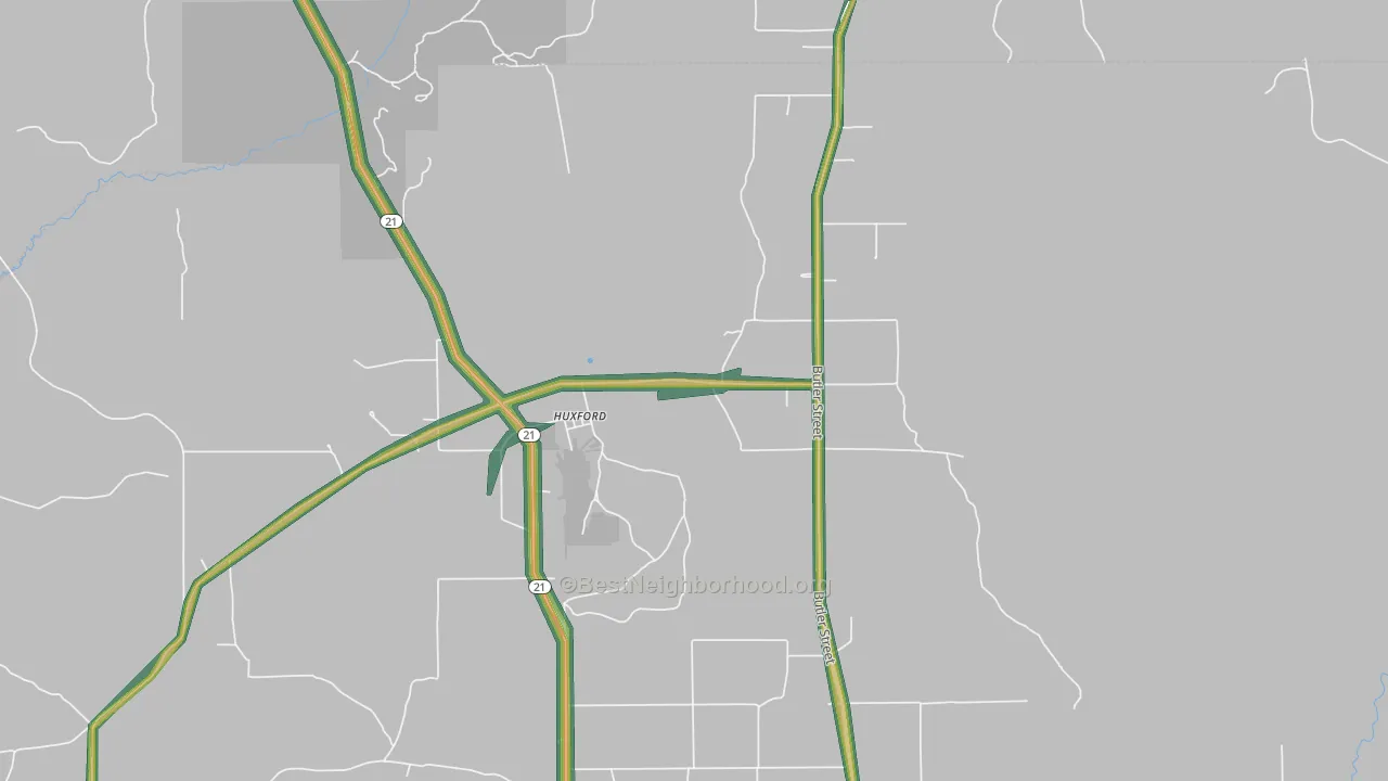 Huxford, AL Map of Noise Levels in Huxford