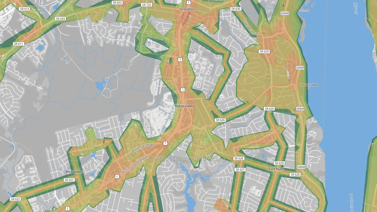 Hybla Valley, Alexandria, VA Map of Noise Levels in Hybla Valley