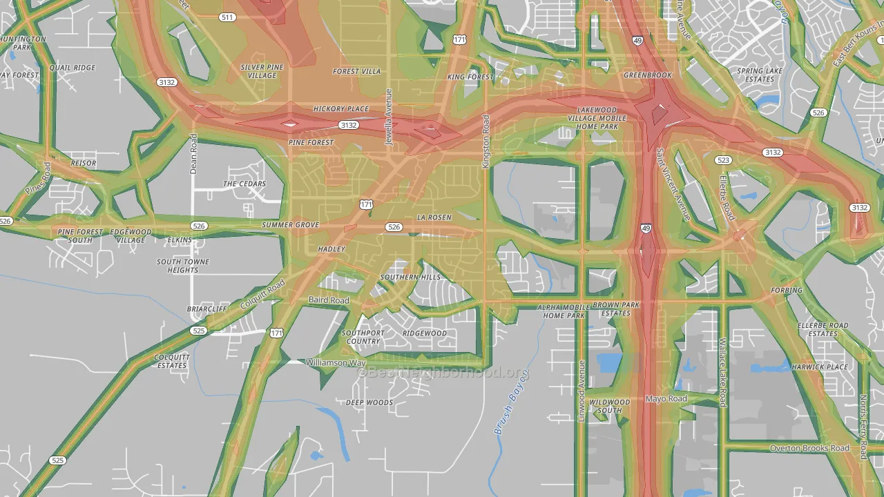 Hyde Park-Brookwood-Southern Hills, Shreveport, LA Map of Noise Levels in Hyde Park-Brookwood-Southern Hills